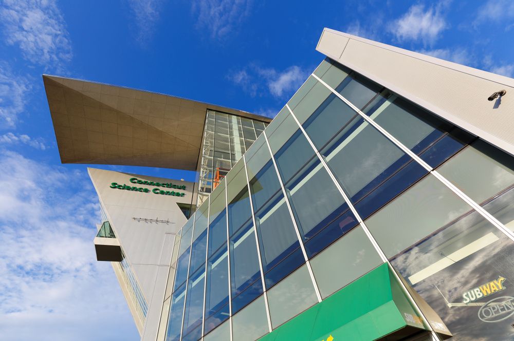 Closeup details of Connecticut Science Center's exterior