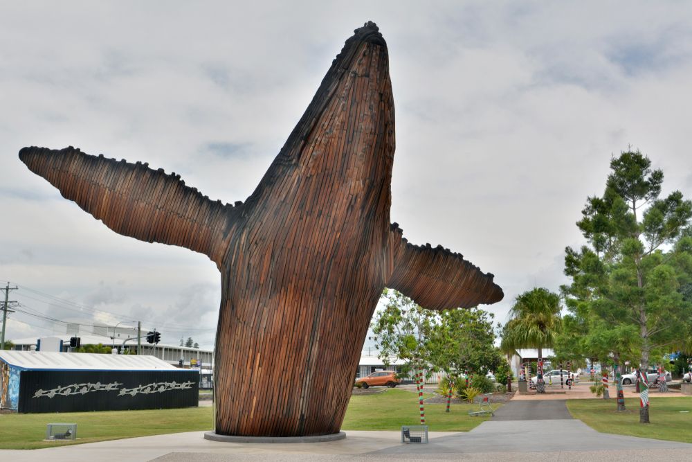 Large whale sculpture in front of Fraser Coast Discovery Sphere