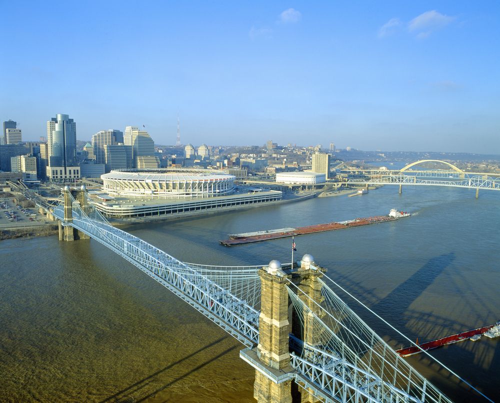 Aerial view of John A. Roebling Suspension Bridge