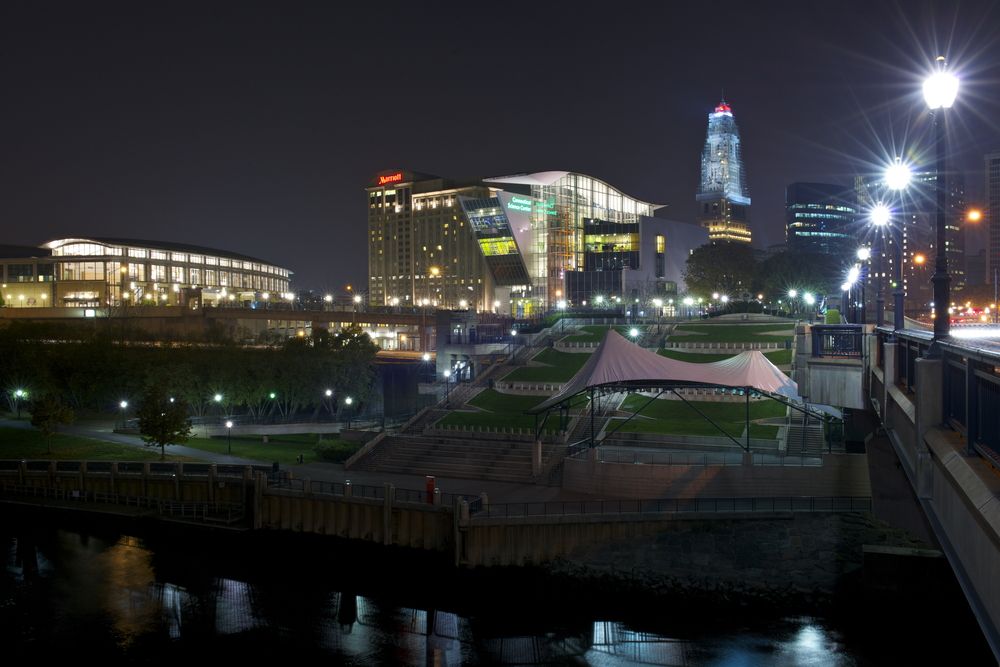 View of Mortensen Riverfront Plaza at night