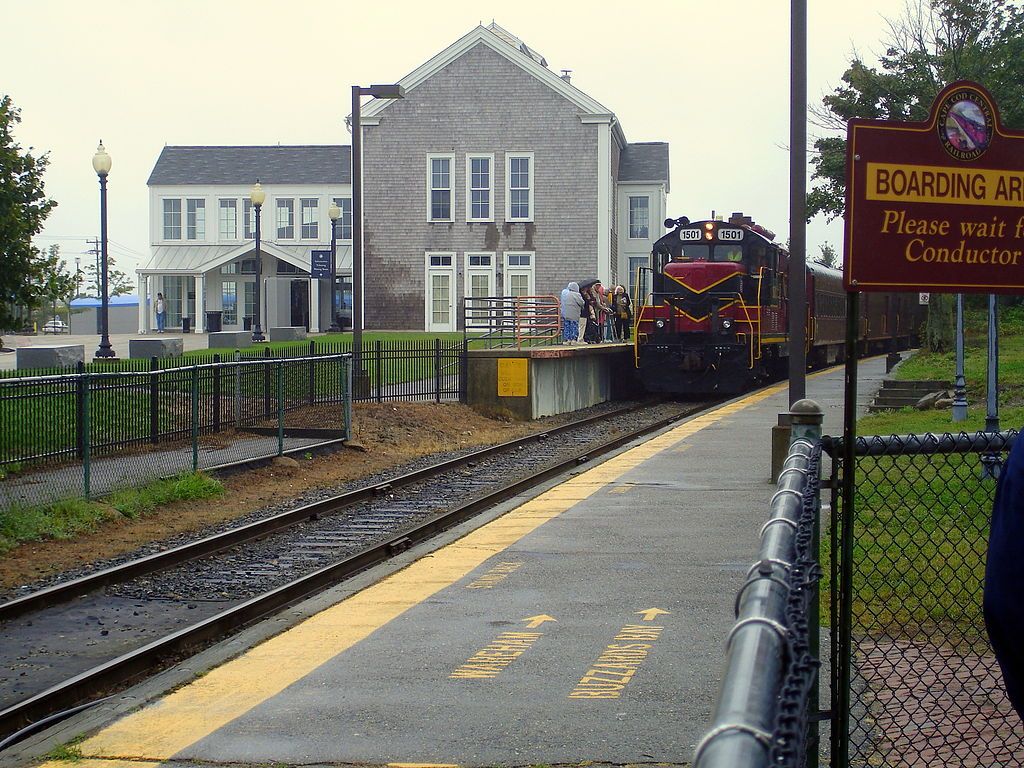 People boarding the Cape Cod Central Railroad train