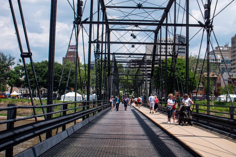 People walking along Walnut Street Bridge