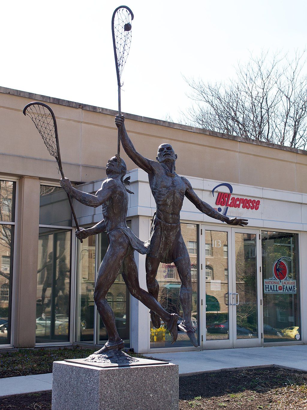 Exterior and statue of National Lacrosse Hall of Fame and Museum
