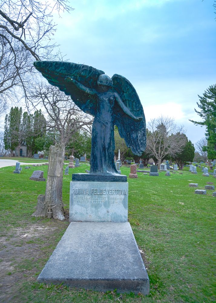 Daytime view of Black Angel of Oakland Cemetery