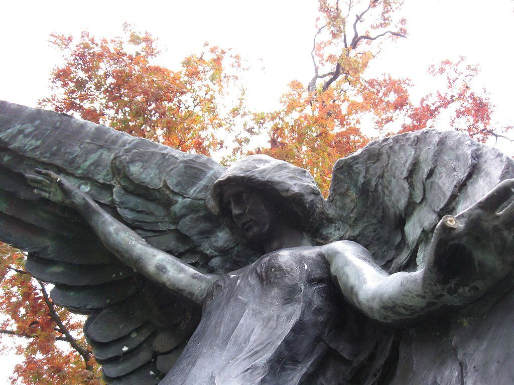 Close view of Black Angel of Oakland Cemetery