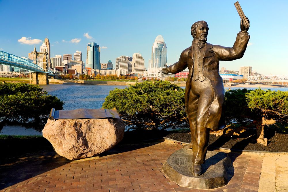 Statue near John A. Roebling Suspension Bridge