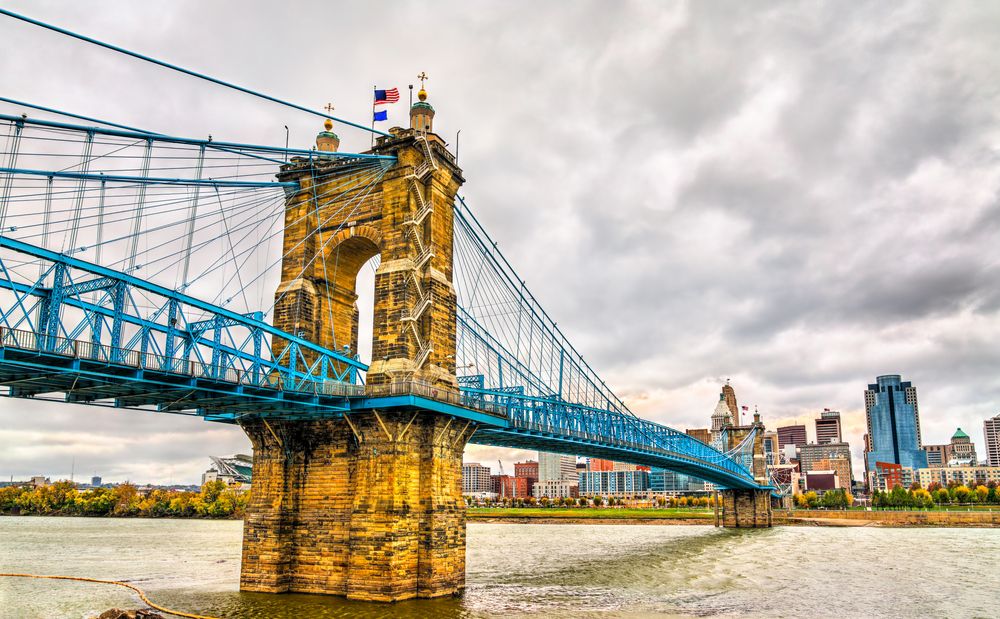 View from below the John A. Roebling Suspension Bridge
