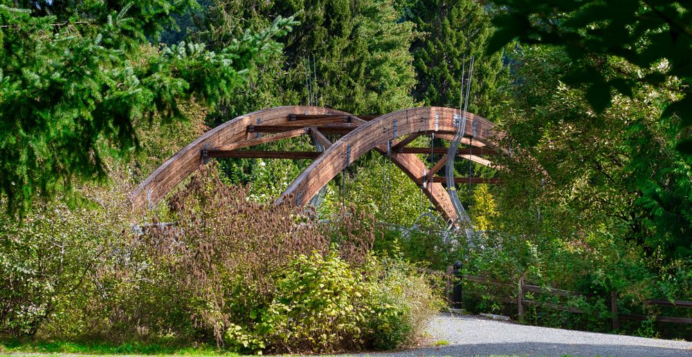 Far view of the wooden bridge at Confluence Park.