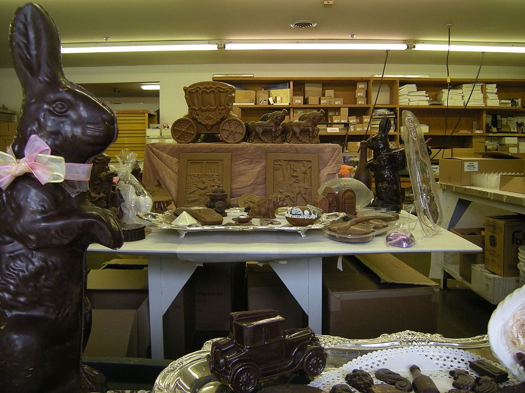 Large easter bunny made of chocolate at Boehm's candies store.