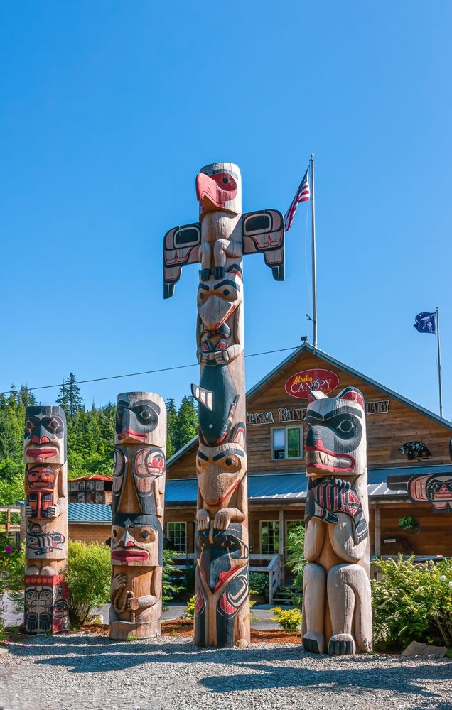 Totem poles in front of the Alaska Rainforest Sanctuary