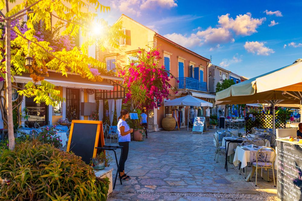 Shops along Fiscardo Harbor