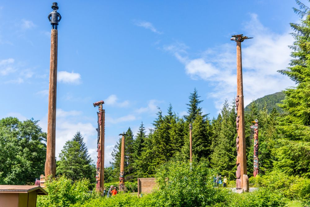 Tall totem poles at Saxman Native Village