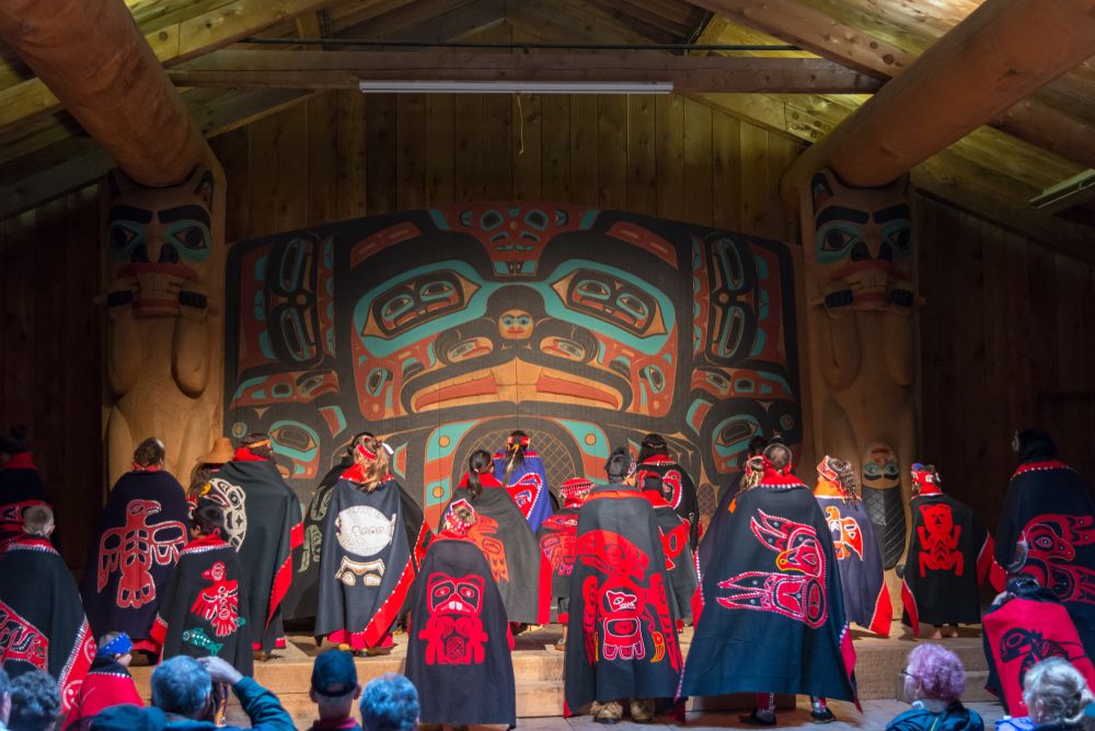 Alaskan natives wearing colorful clothing at Saxman Native Village