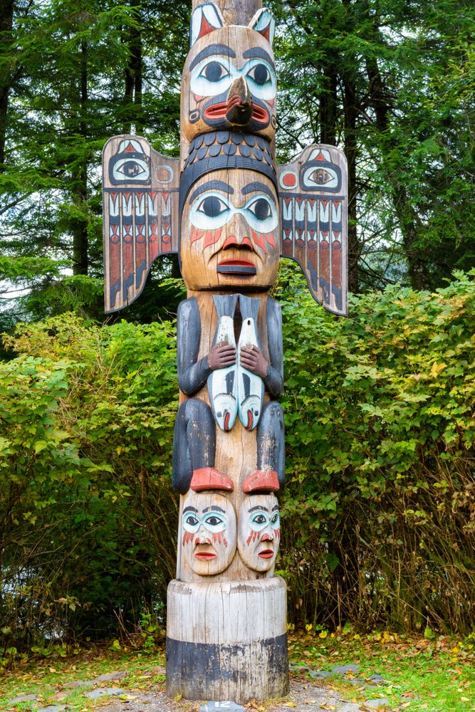 A totem pole called "Kadjuk Bird" at Totem Bight State Park