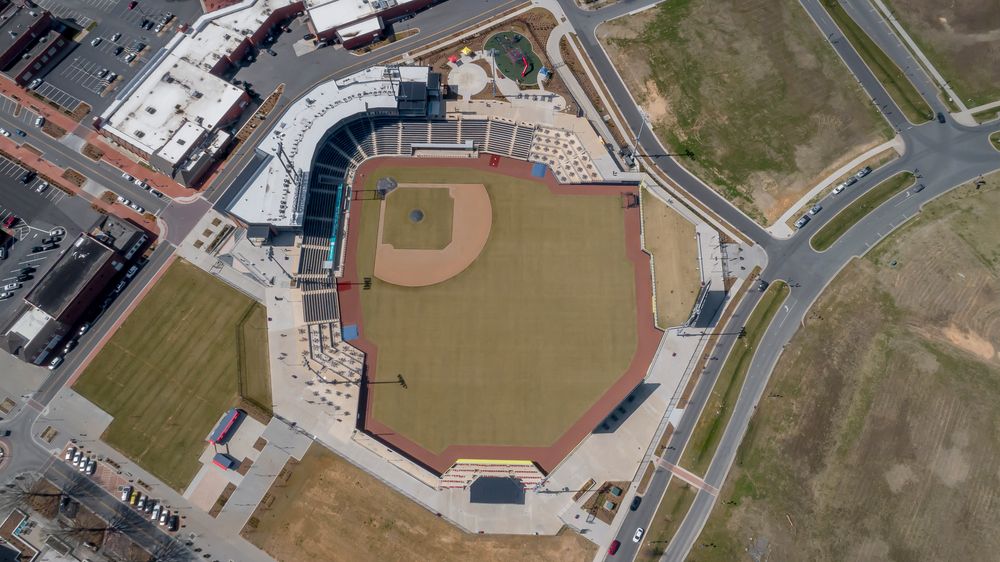 Aerial view of Atrium Health Ballpark's field