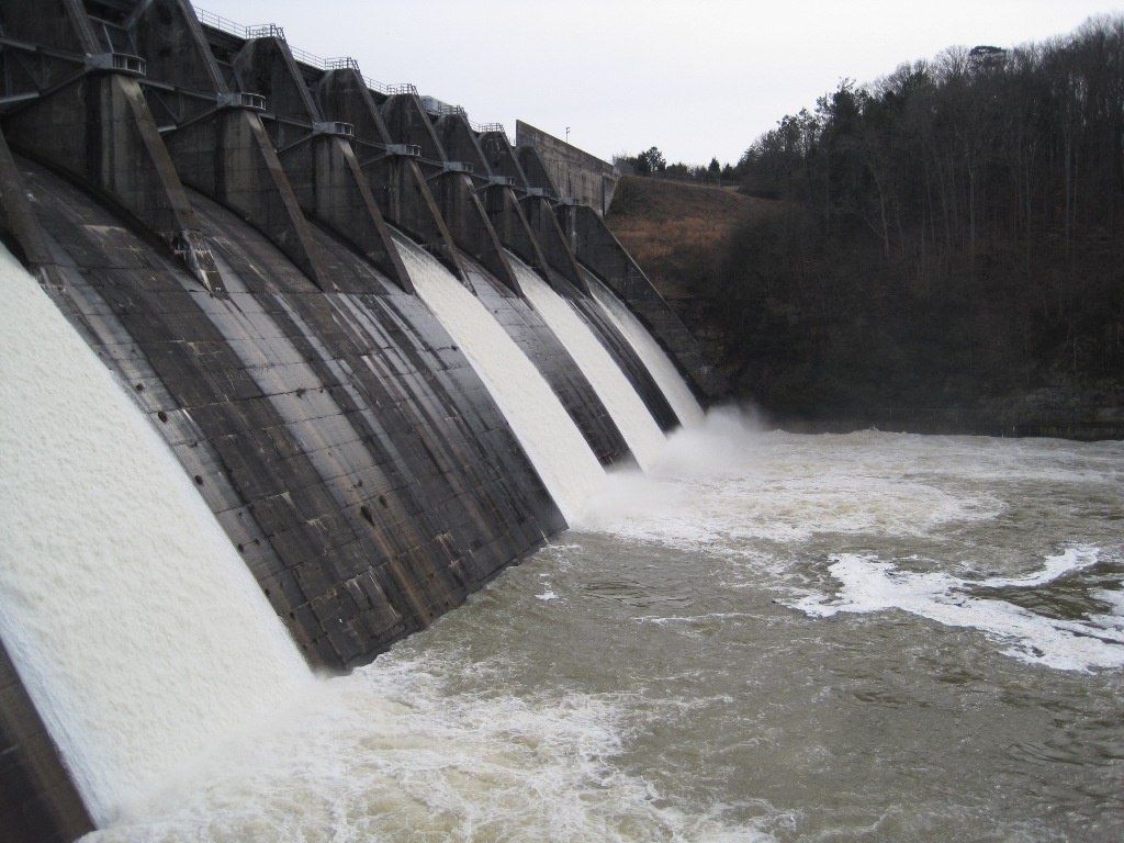 Waters spilling out of Douglas Dam and Reservoir