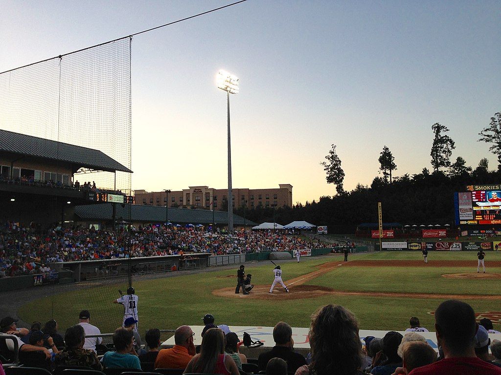 A baseball game in the Tennessee Smokies Stadium