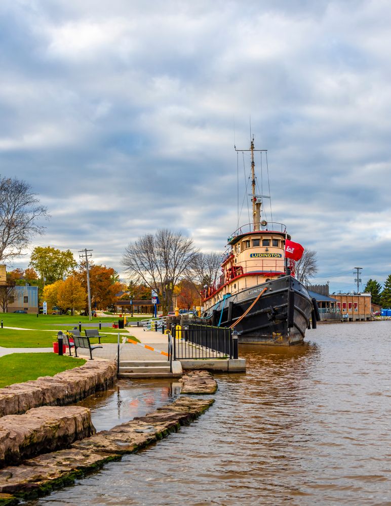 View of the docked Tug Ludington boat