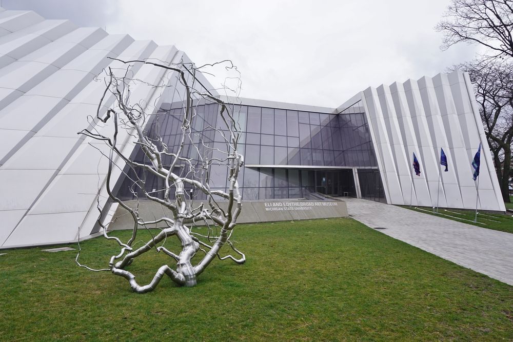 A piece of art in front of Eli and Edythe Broad Art Museum