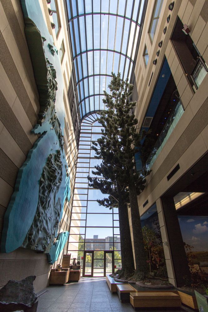 Glass atrium interior in Michigan History Museum