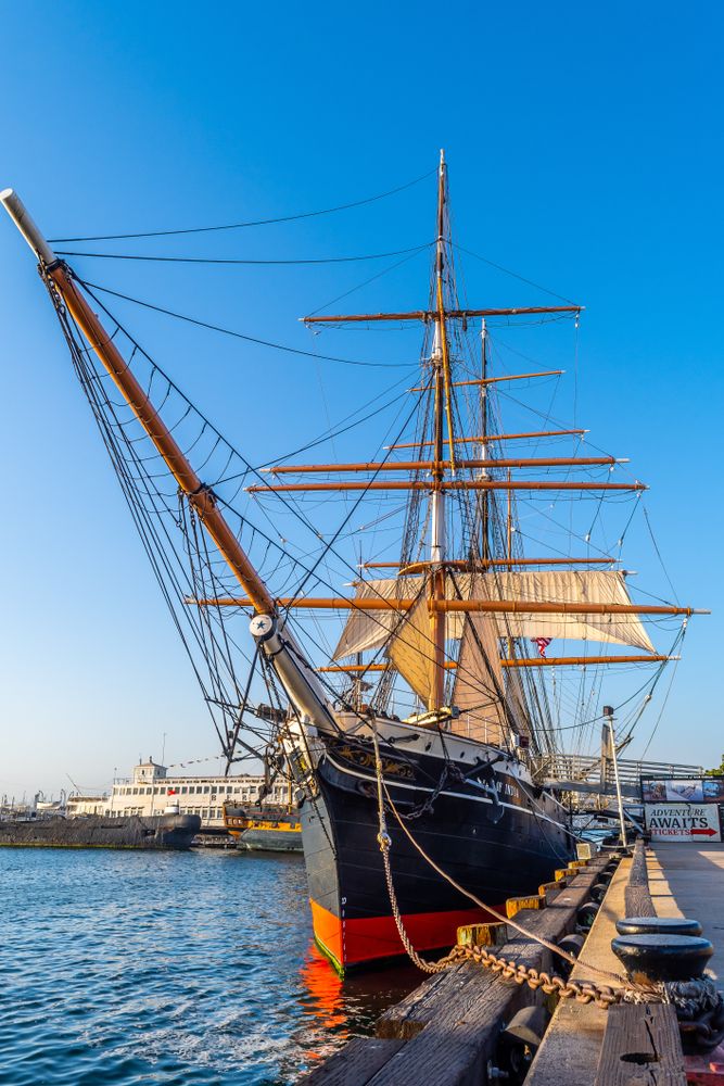 A ship docked at the Maritime Museum of San Diego