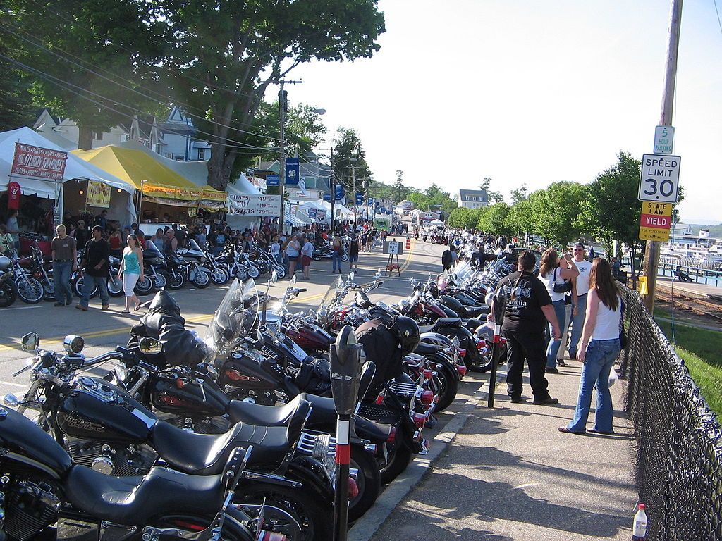 Lined-up motorcycles at Laconia Motorcycle Week