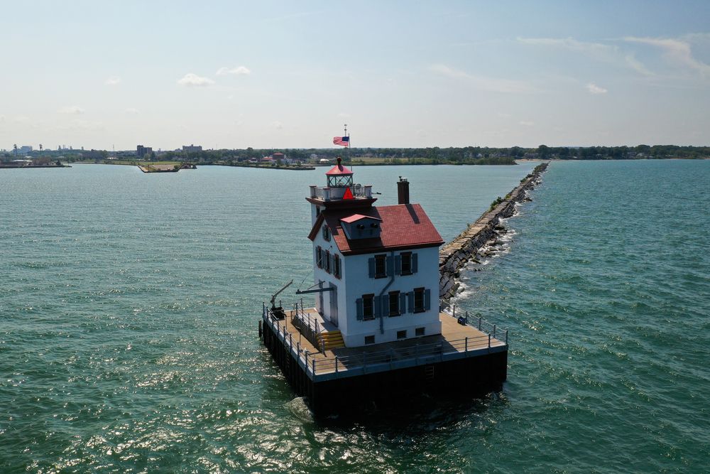 Aerial view of Lorain Harbor Lighthouse