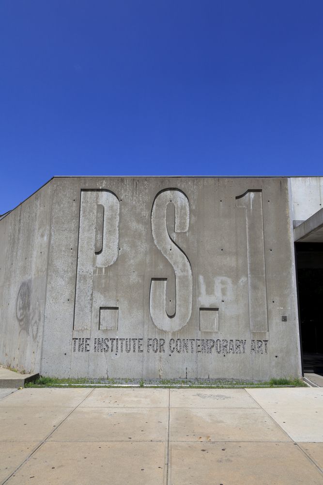 Concrete wall with the name MoMA PS1.