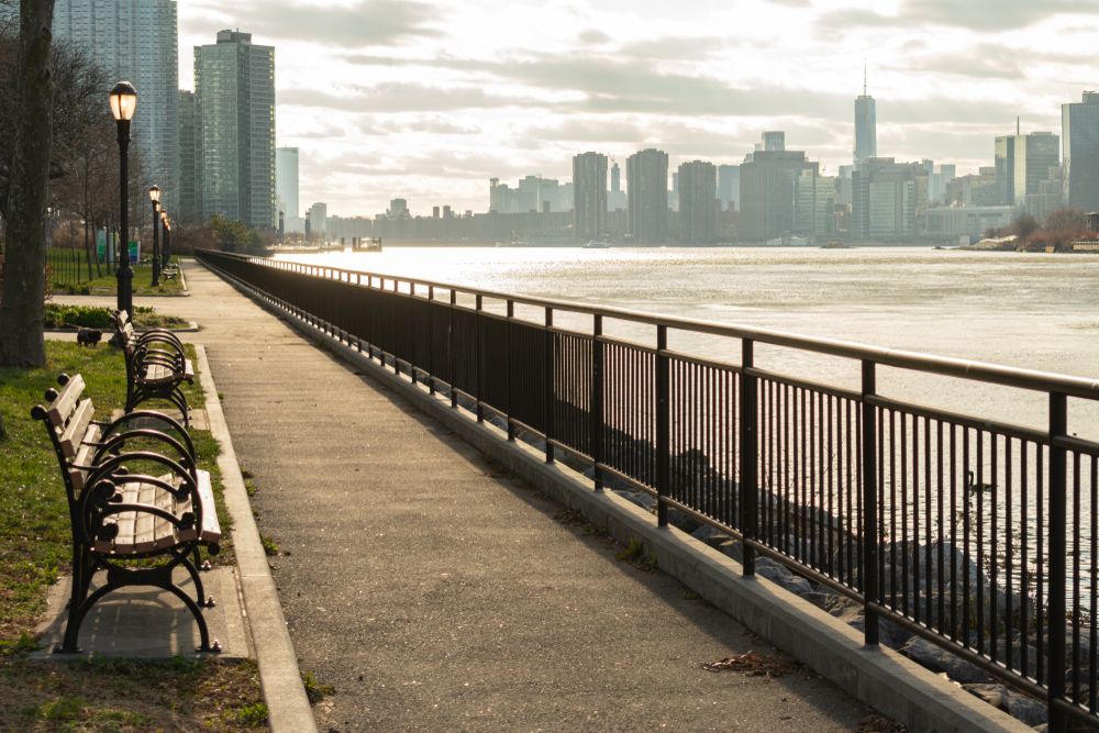 Wooden benches with the river view.