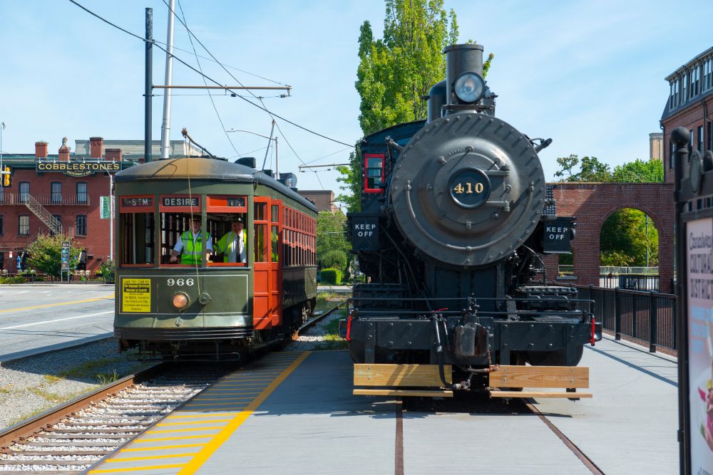 A steam locomotive and trolley at National Streetcar Museum
