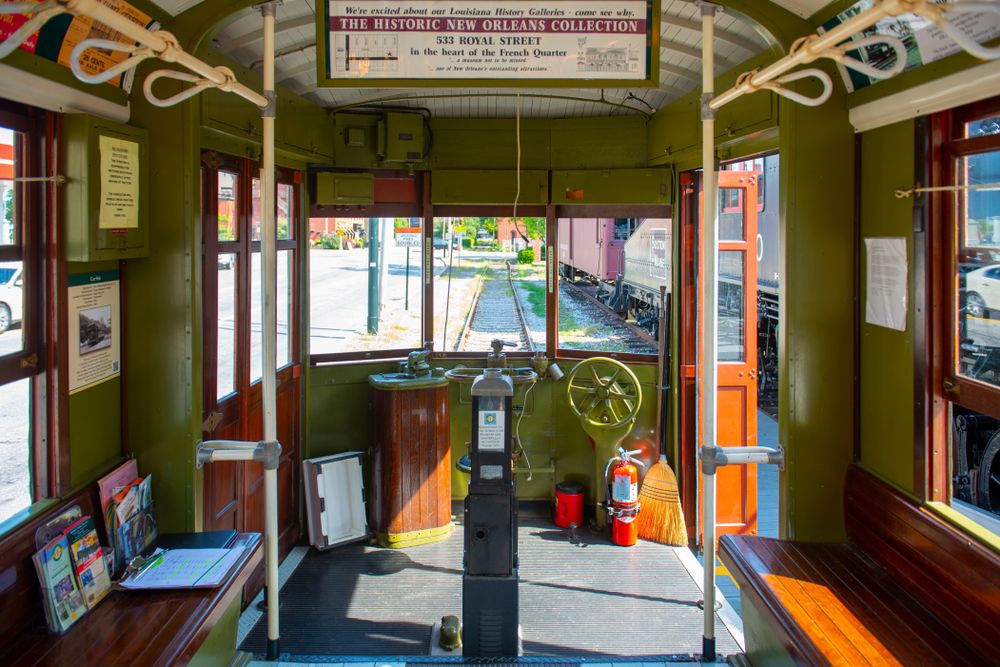 Interior of a streetcar trolley at National Streetcar Museum