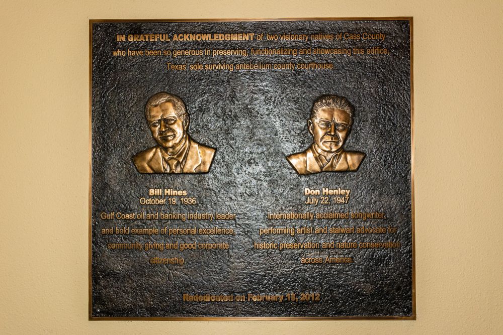 Plate commemorating musicians Bill Hines and Don Henley at Music City Texas Theater