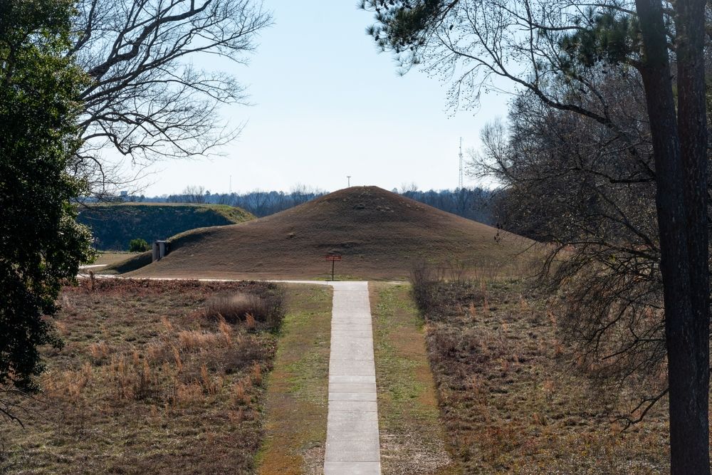 A walkway leading to a mound at Ocmulgee Mounds National Historical Park