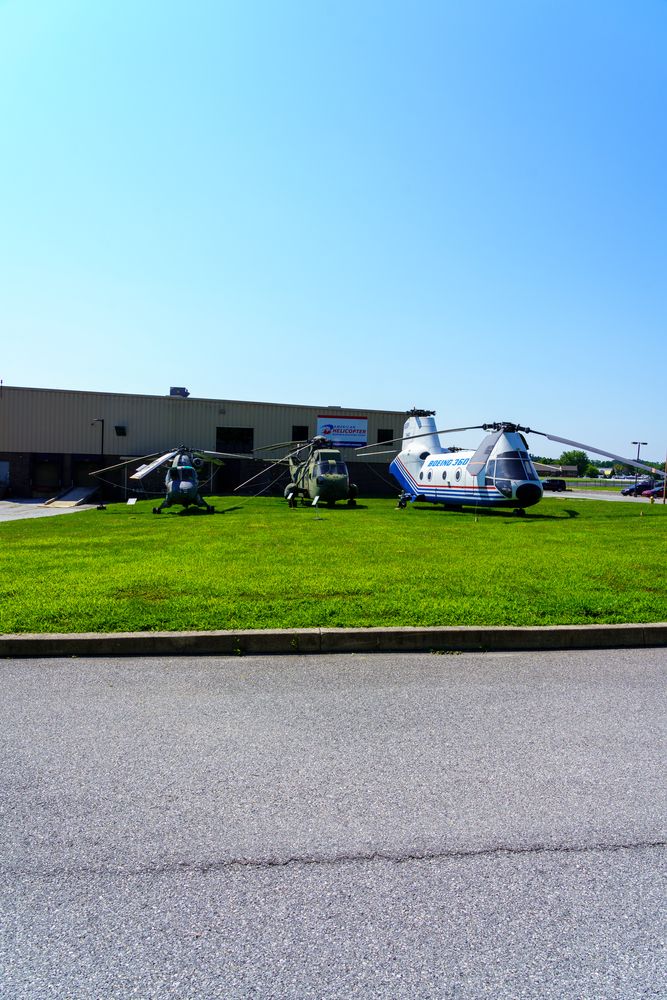 Helicopters in front of the American Helicopter Museum & Education Center