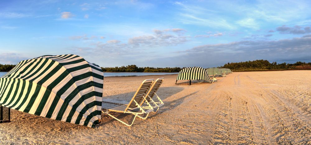 Beach umbrella cabanas on the sands of Tigertail Beach