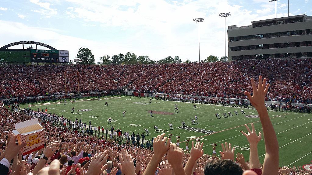 View of the memorial stadium from afar showing the audience.