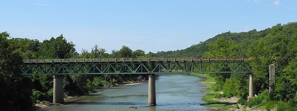 Daylight view of the Meramec River under the abandoned Route 66 bridge.