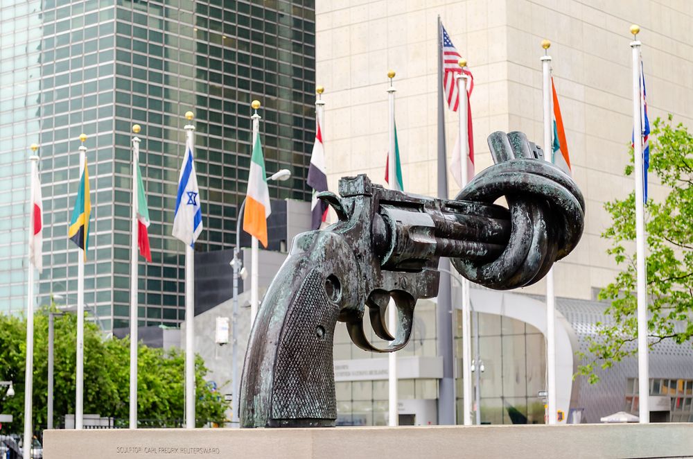 Sculpture of non-violence in front of United Nations Headquarters