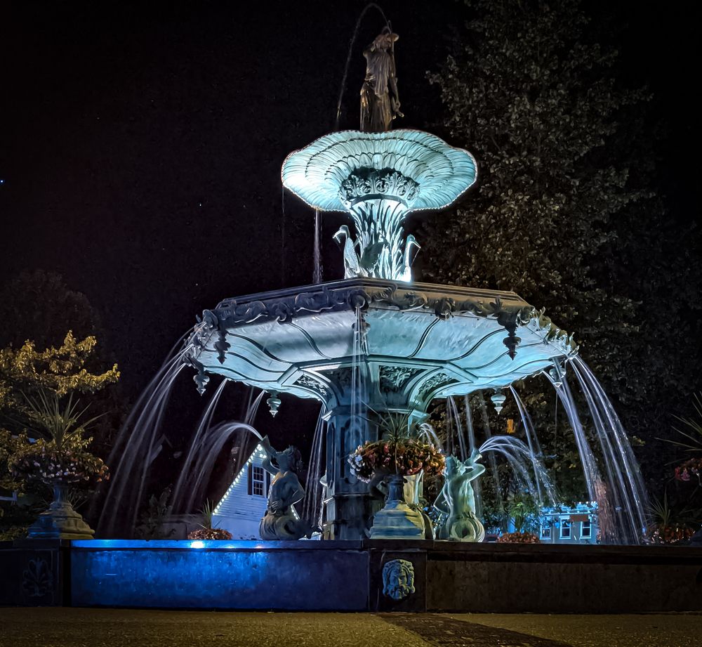 View of the beautiful Broadway Fountain at night