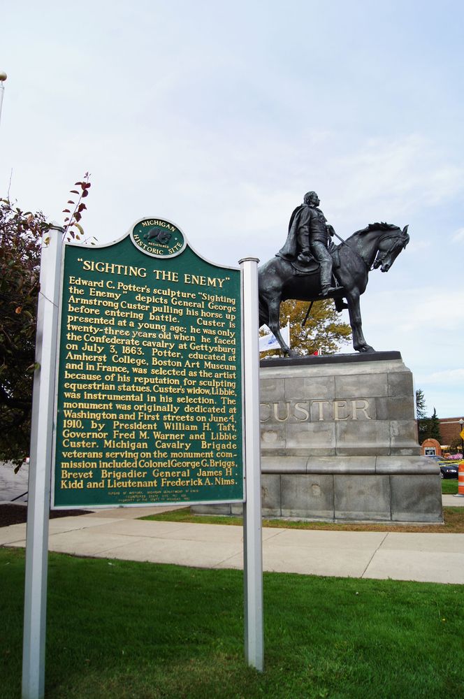 History marker and statue of George Armstrong Custer Equestrian Monument