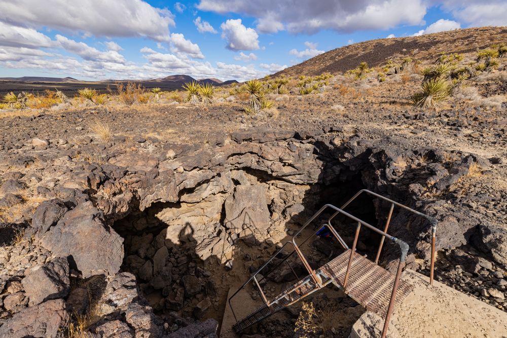 Stairs leading down a lava tube at Lava Tube Trail