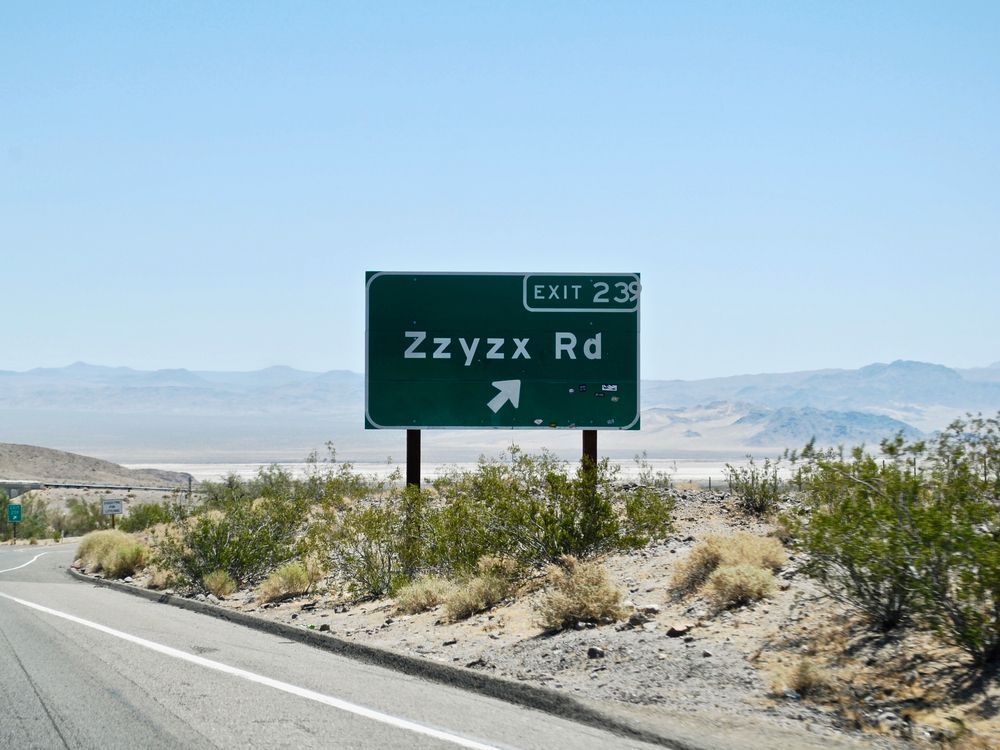 Road sign of Zzyzx Road