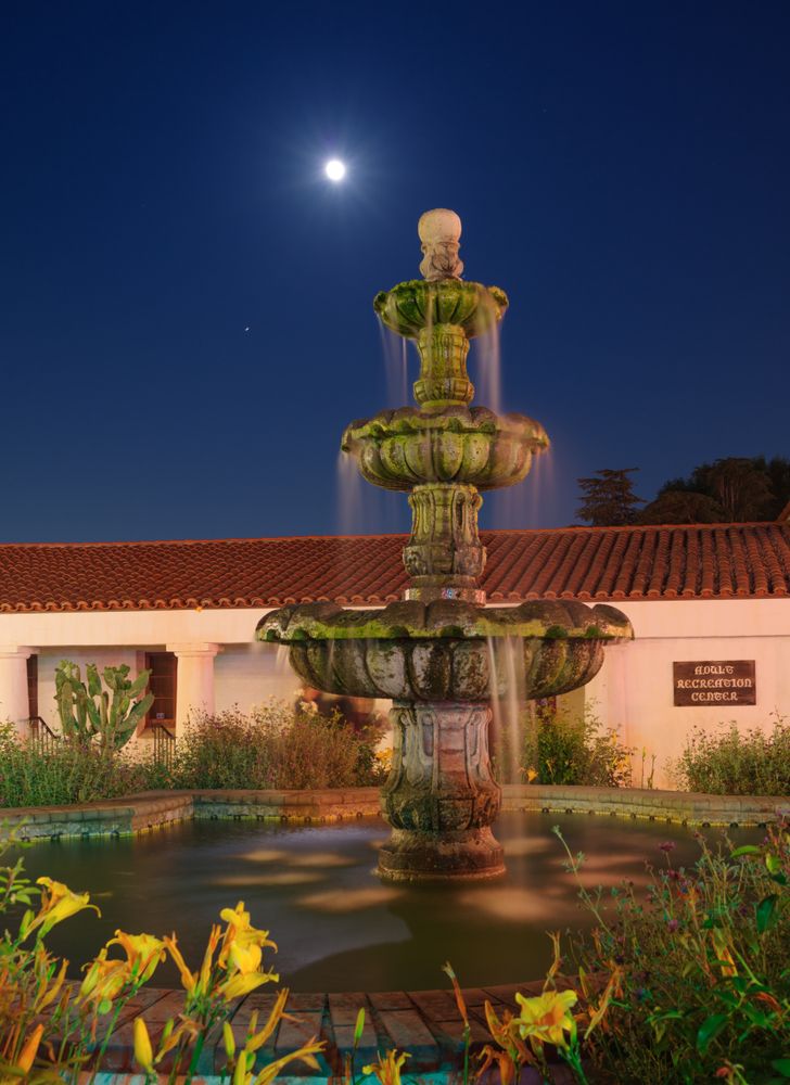 A water fountain in front of San Gabriel Mission Playhouse
