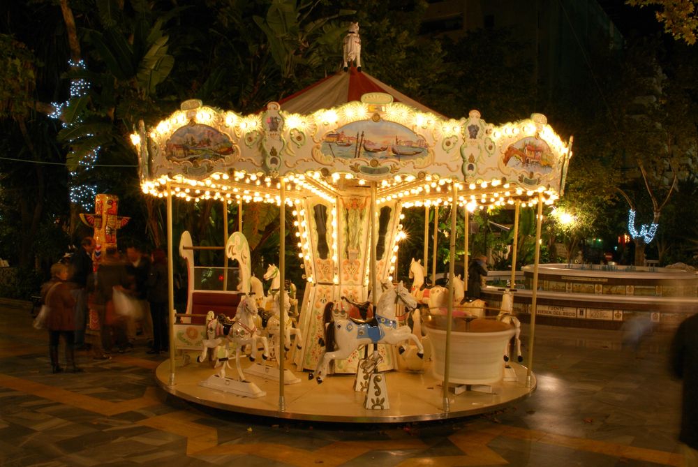 Night lights of a kids carousel at Alameda Park