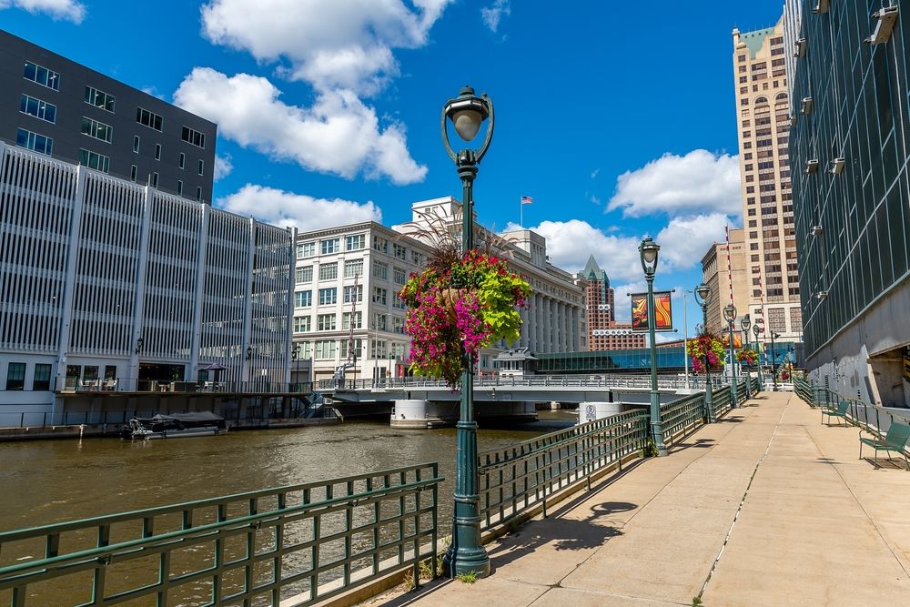 Paved pathway of Milwaukee Riverwalk District