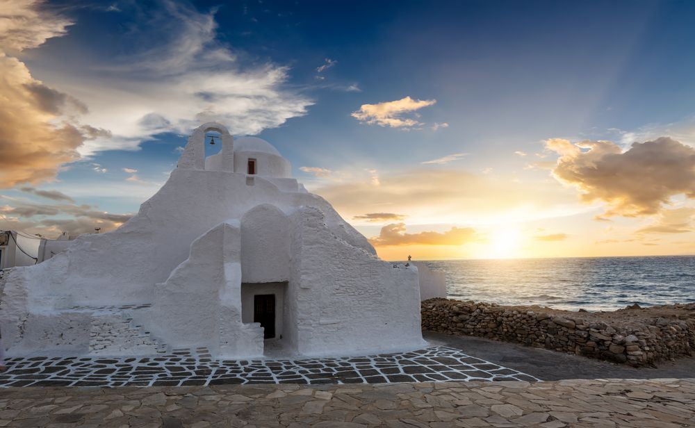 Sunset behind the church of Panagia Paraportiani