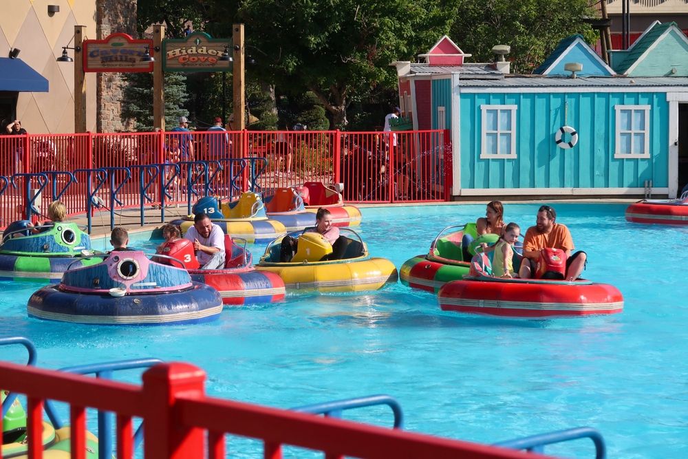 People on bumper boats at Boondocks Food & Fun