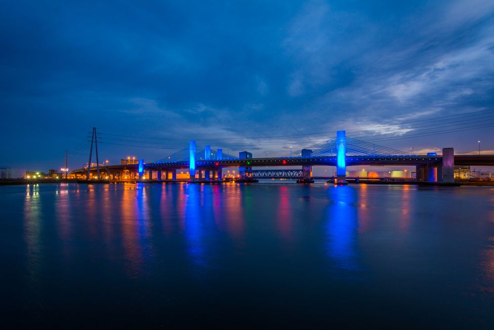 View of the Pearl Harbor Memorial Bridge at night