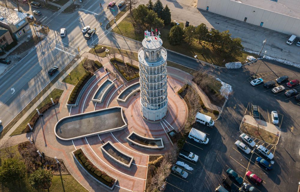 Aerial view of the Leaning Tower of Niles