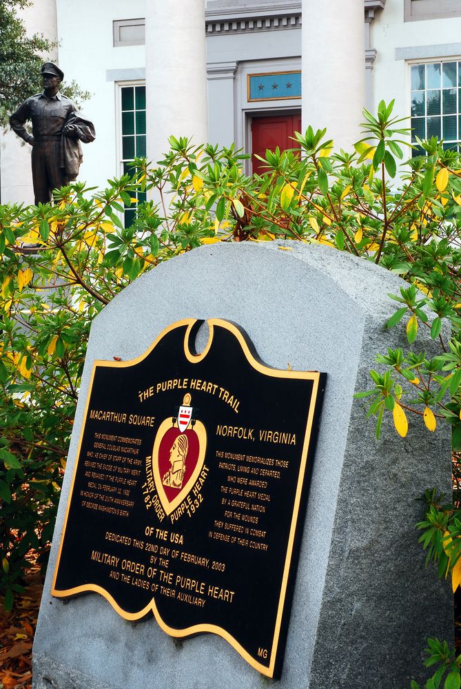 A plaque honoring the purple heart recipients at MacArthur Memorial